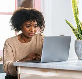 Person arbeitet an einem Laptop an einem hellen Innentisch mit einer Topfpflanze in der Nähe.